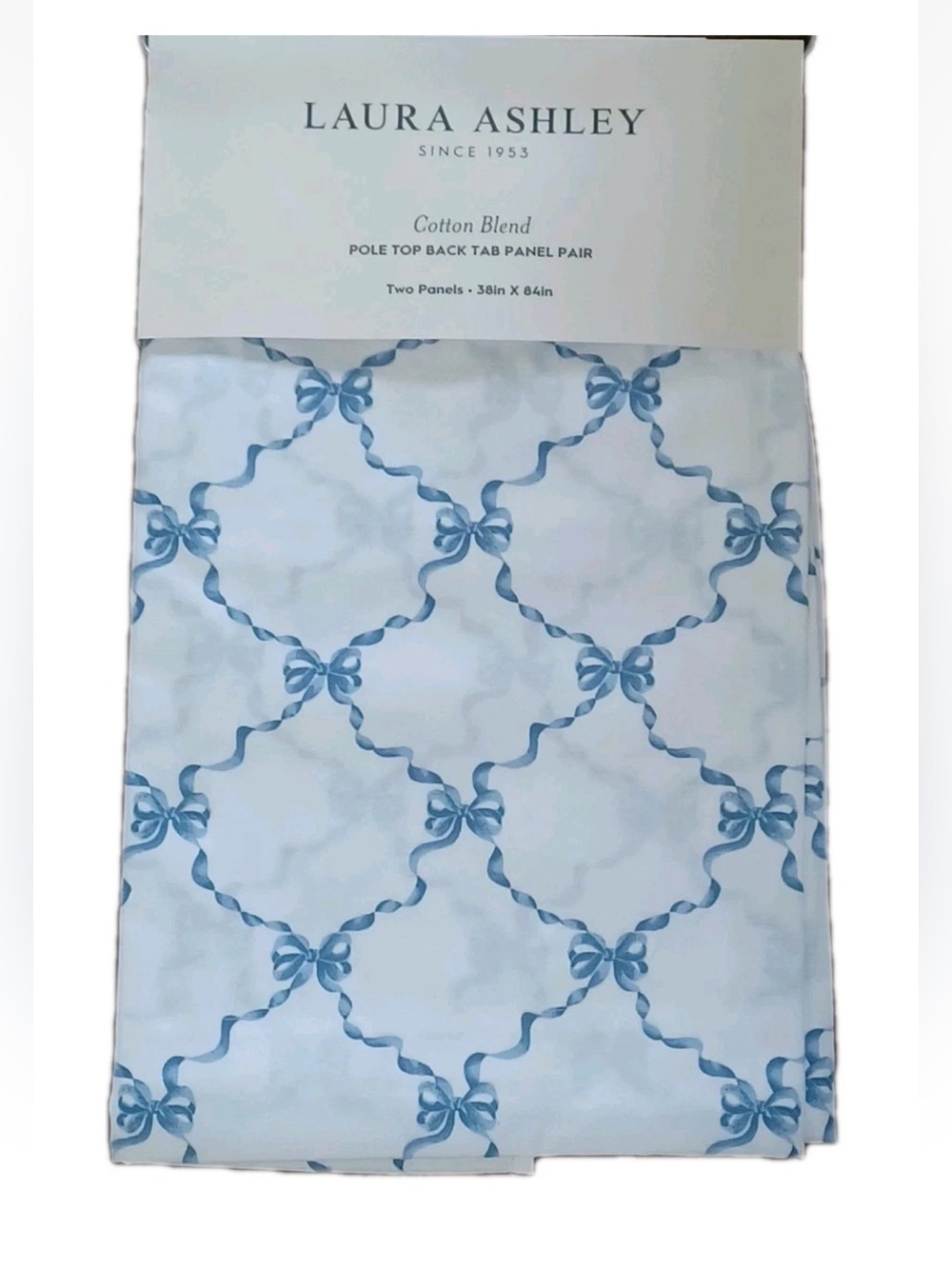 Laura Ashley Set of 2 Curtain Panels – Bow Ribbon Blue & White 38x84